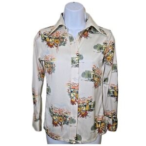 Vtg 1970s Scenic Print Floral Double Knit Leisure Dagger Collar Shirt Top Size S